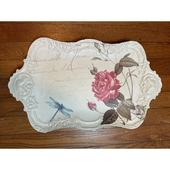 Other - Pier 1 Vintage Ornate Floral Dragonfly Metal Shabby Tray Ivory Boho Peasant